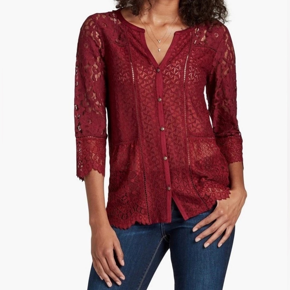 Lucky Brand Lace Mix 3/4 Length Sleeve size XS Top - Picture 3 of 16